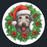 Irish Wolfhound Christmas Wreath Runder Aufkleber<br><div class="desc">Fügen Sie Ihrer Urlaubskorrespondenz eine festliche Touch mit unseren festlichen Irish Wolfhund Weihnachtskreideklebern hinzu! Diese hübschen Aufkleber zeigen ein lebendiges Bild eines grünen Weihnachtsschadens, in dessen Mitte das bezaubernde Lächeln eines irischen Wolfshundes eine fröhliche rote Weihnachtsmannmütze trägt. Diese hochwertigen Aufkleber eignen sich ideal für Hundefreunde und Urlauber und eignen sich...</div>