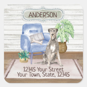Irish Wolfhound Cozy New Zuhause Address Quadratischer Aufkleber