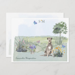 Irish Wolfhound Dog Butterfly Monogramm und Name  Mitteilungskarte