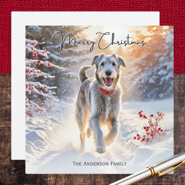Irish Wolfhound Dog Walking Snow Frohe Weihnachten (A personalized Christmas card with picture of an Irish Wolfhound out for a winter walk in the snow)