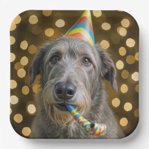 Irish Wolfhound-Hund zum Geburtstag mit Partyhut Pappteller