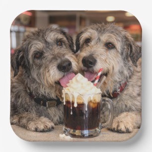 Irish Wolfhound Hunde genießen ein Root Beer Float Pappteller