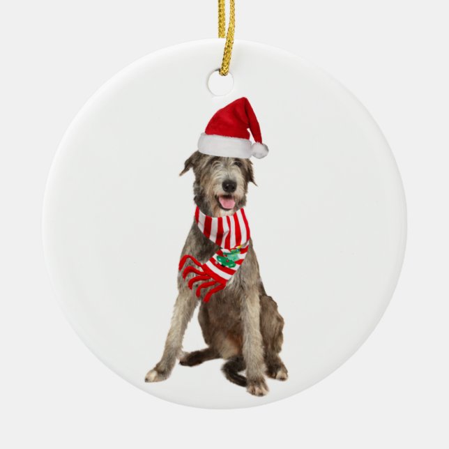 Irish Wolfhound mit Hat Scaft Weihnachten Keramik Ornament (Vorne)