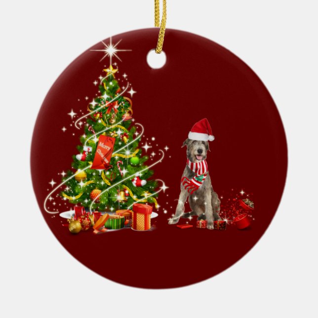 Irish Wolfhound mit Hat Scaft Weihnachten Keramik Ornament (Vorne)