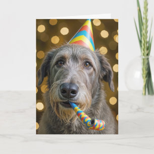 Irish Wolfhound zum Geburtstag mit Partyhut Karte