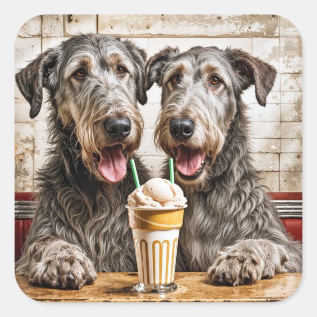 Irish Wolfhounds mit Eiscreme-Soda Quadratischer Aufkleber (Vorderseite)