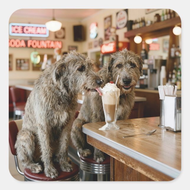 Irish Wolfhounds teilen sich einen Milchshake Quadratischer Aufkleber (Vorderseite)