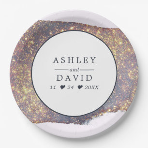 Irisierende lila-goldene Glitter-Hochzeitspapierpl Pappteller