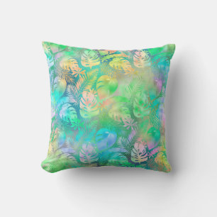Irisierende Pastell-Rosa-Lila-Blau-Tropische Blätt Kissen