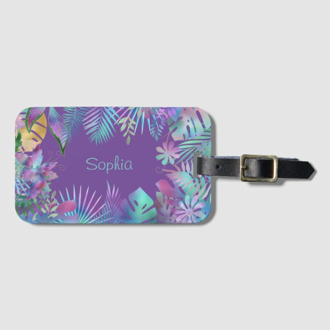 Irisierende tropische Blätter, Aquamariner Name, L Gepäckanhänger (Vorderseite (Horizontal))