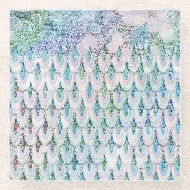 Irisierender aquamariner Glitzer Meerjungfische Glasuntersetzer (Vorderseite)