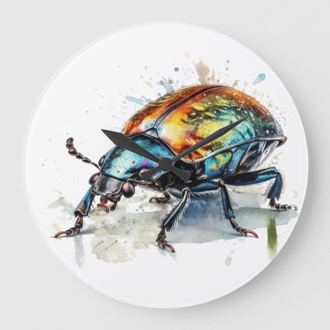Irisierender Käfer in Wasserfarbe Große Wanduhr (Vorderseite)