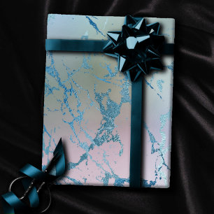 Irisierender Marmor   Trendige Faux-Holo Blau Rosa Geschenkpapier