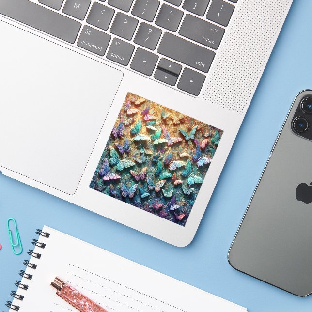 Irisierender Schmetterlingsgarten Aufkleber (Laptop mit iPhone)