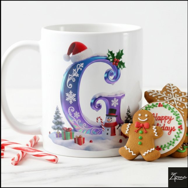 Irisierender Weihnachtsbuchstabe G mit Schneemann Kaffeetasse (Von Creator hochgeladen)