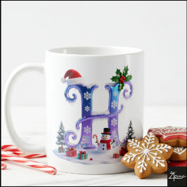 Irisierender Weihnachtsbuchstabe H mit Schneemann Kaffeetasse