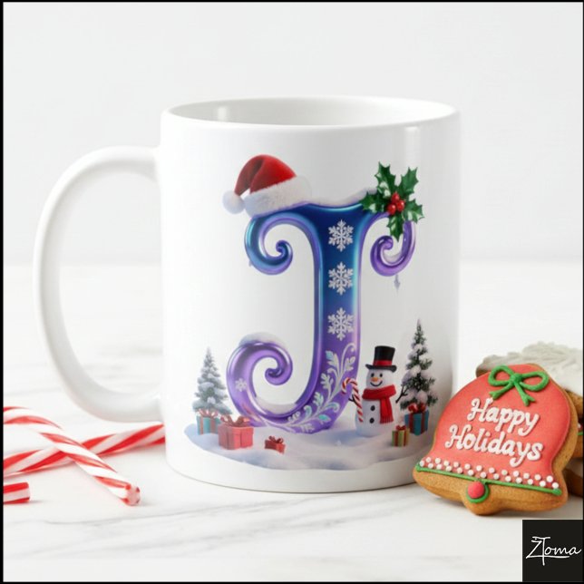 Irisierender Weihnachtsbuchstabe J mit Schneemann Kaffeetasse (Von Creator hochgeladen)