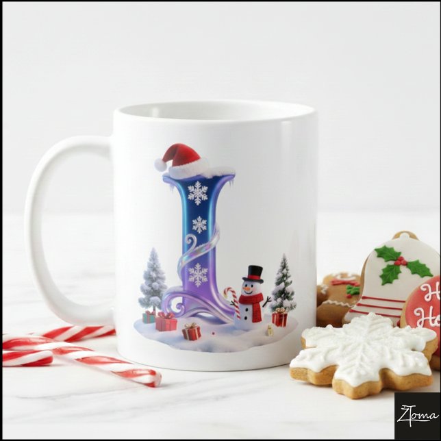 Irisierender Weihnachtsbuchstabe L mit Schneemann Kaffeetasse (Von Creator hochgeladen)