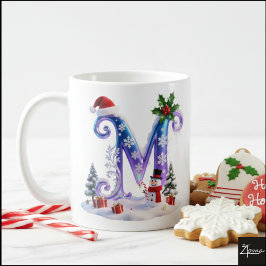 Irisierender Weihnachtsbuchstabe M mit Schneemann Kaffeetasse