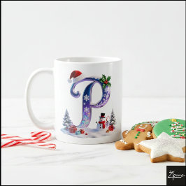 Irisierender Weihnachtsbuchstabe P mit Schneemann Kaffeetasse