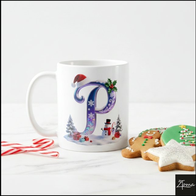 Irisierender Weihnachtsbuchstabe P mit Schneemann Kaffeetasse (Von Creator hochgeladen)