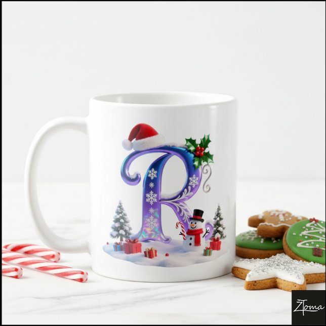 Irisierender Weihnachtsbuchstabe R mit Schneemann Kaffeetasse (Von Creator hochgeladen)
