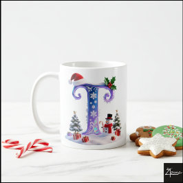 Irisierender Weihnachtsbuchstabe T mit Schneemann Kaffeetasse