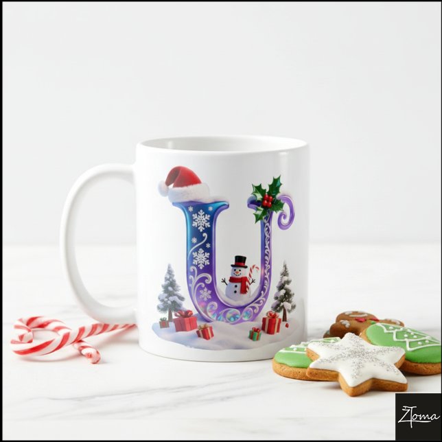 Irisierender Weihnachtsbuchstabe U mit Schneemann Kaffeetasse (Von Creator hochgeladen)