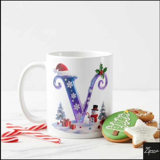 Irisierender Weihnachtsbuchstabe V mit Schneemann Kaffeetasse (Von Creator hochgeladen)
