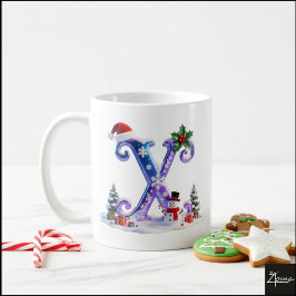 Irisierender Weihnachtsbuchstabe X mit Schneemann Kaffeetasse