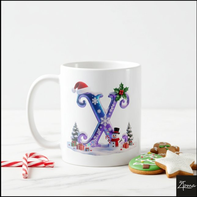 Irisierender Weihnachtsbuchstabe X mit Schneemann Kaffeetasse (Von Creator hochgeladen)
