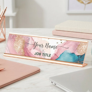 Irisierendes Aquarell-Roségold  Schreibtischnamensplakette