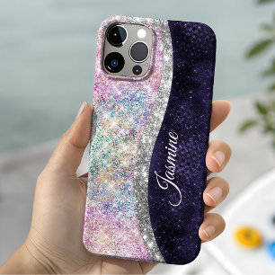 irisierendes lila silbernes falsches Glitter Monog Case-Mate iPhone 14 Hülle