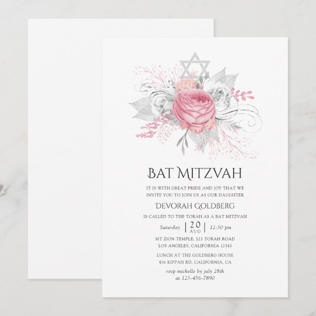 Irisierendes Silber und rosa florales Bat Mitzvah Einladung (Vorne/Hinten)