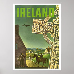 Irland Dorf, keltisches Kreuz, Vintage-Reise Poster