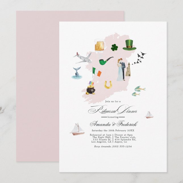 Irland Hochzeit in Urlaubsort Probe Dinner Einladung (Vorne/Hinten)