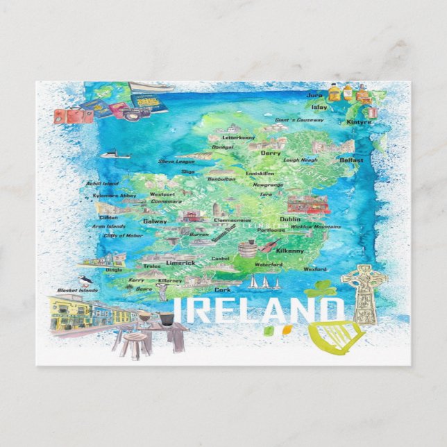 Irland Illustrierte Reisekarte mit Straßen Postkarte (Vorderseite)