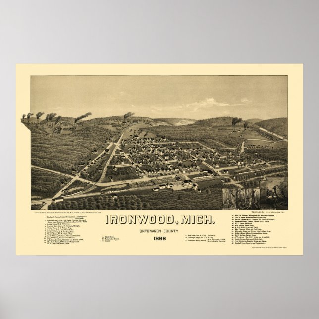 Ironwood, MI Panoramic Map - 1886 Poster (Vorne)