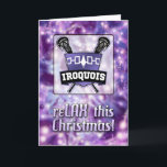 Iroquois Nation Lacrosse Shield Christmas Card Feiertagskarte<br><div class="desc">Ein Iroquois-Lacrosse-Logo auf einem grobkörnigen,  lila Tönelhintergrund. Maßgeschneiderte Lacrosse Feiertage / Weihnachtskarte mit originellem Game Face Gear Design. Karo mein Geschäft für viele weitere Designs mit saisonalem Hintergrund! Ideal für alle Sportwahnsinnige Familie und Freunde.</div>