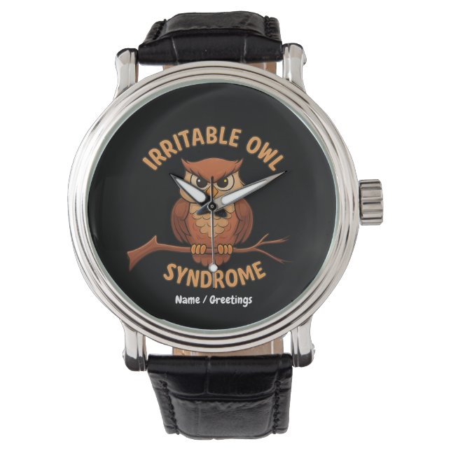 Irritable Owl Syndrom Funny Angry Owl Cartoon Pun Armbanduhr (Vorderseite)