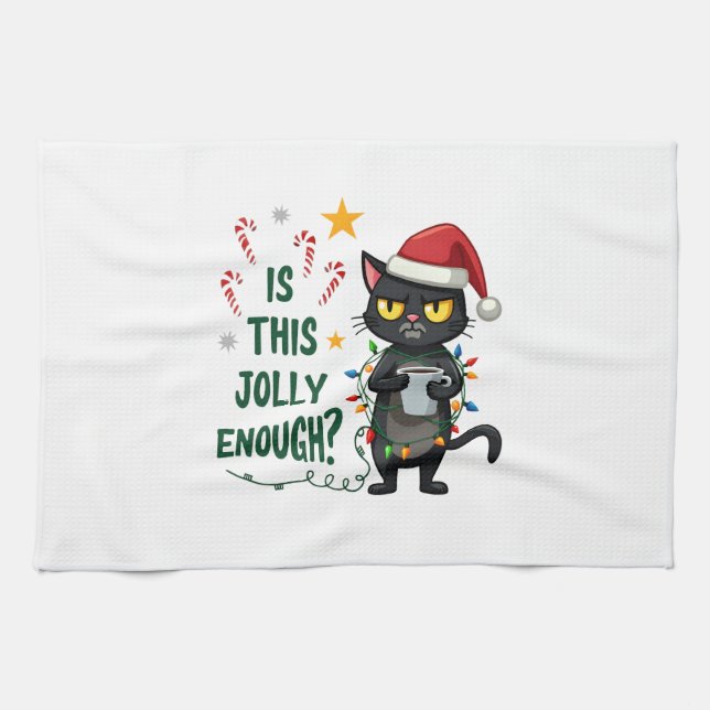 Is This Jolly Enough Black Cat Merry Christmas Tre Geschirrtuch (Horizontal)