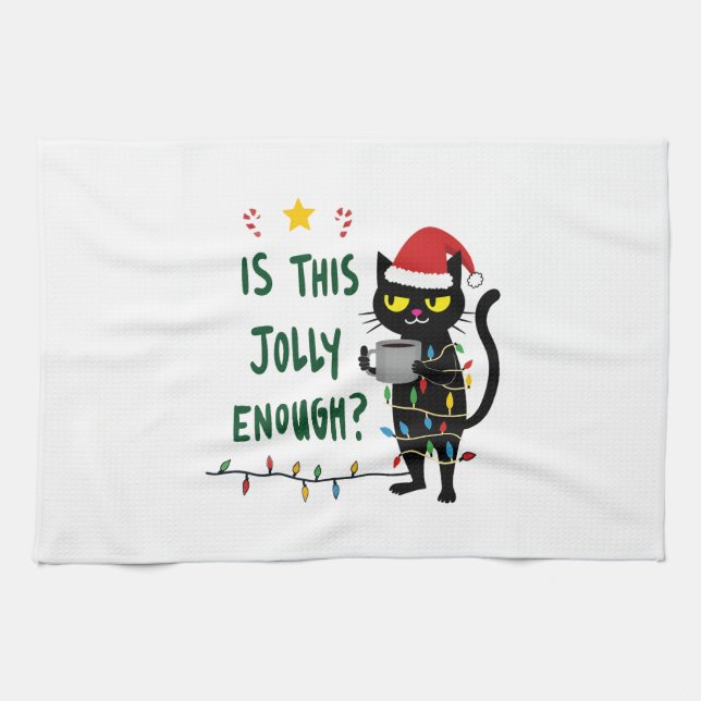 Is This Jolly Enough Black Cat Merry Christmas Tre Geschirrtuch (Horizontal)