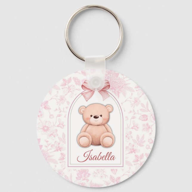 Isabella | Benutzerdefiniertes rosa Teddy-Bär-Kind Schlüsselanhänger (Vorderseite)