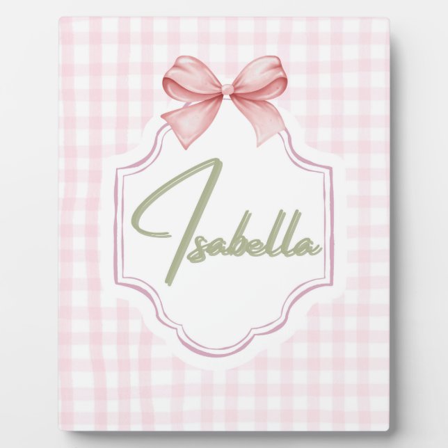 Isabella Personalisiert Pink Bow & Gingham Print Fotoplatte (Vorderseite)