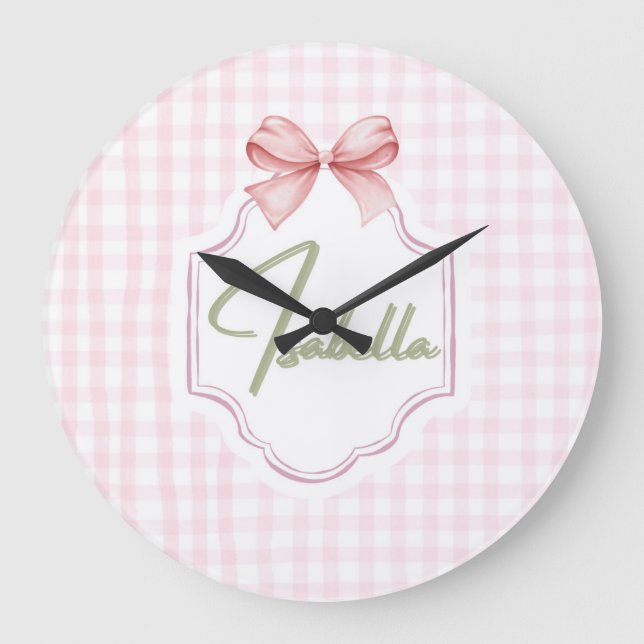 Isabella Personalisiert Pink Bow & Gingham Print Große Wanduhr (Vorderseite)