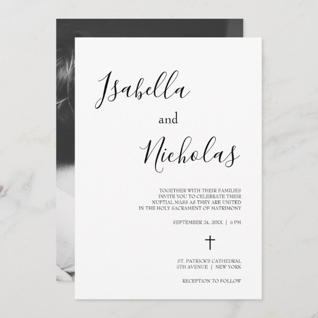 Isabella Simple Modern Script katholische Hochzeit Einladung (Vorne/Hinten)