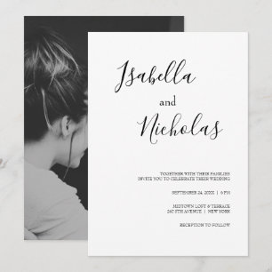 Isabella Simple Modern White Black Foto Wedding Einladung