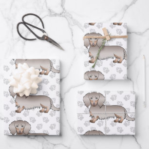 Isabella & Tan Langhaar-Dachshund-Muster & Pfoten Geschenkpapier Set