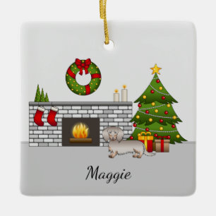 Isabella & Tan Long Hair Dackel Weihnachtssaal Keramikornament