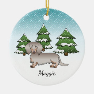 Isabella & Tan Long Hair Dackel Winterwald Keramik Ornament